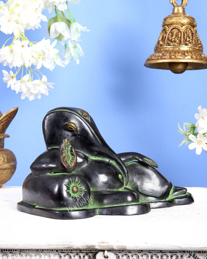 Pure Brass Handcrafted Modern Ganesha Statue in Resting Posture Vintage Black and Green Tone 11 inch - Budhshiv.com