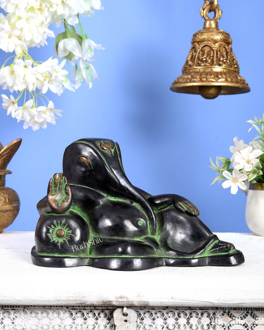 Pure Brass Handcrafted Modern Ganesha Statue in Resting Posture Vintage Black and Green Tone 11 inch - Budhshiv.com