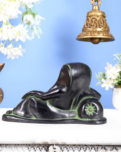 Pure Brass Handcrafted Modern Ganesha Statue in Resting Posture Vintage Black and Green Tone 11 inch - Budhshiv.com
