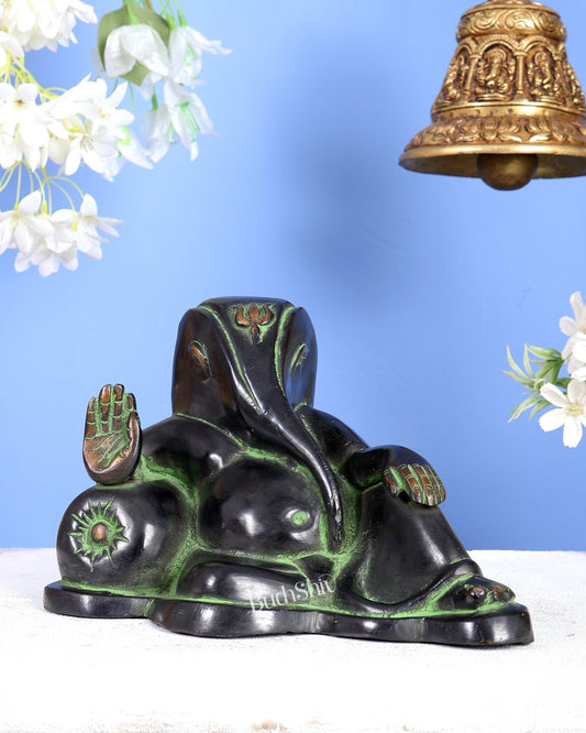 Pure Brass Handcrafted Modern Ganesha Statue in Resting Posture Vintage Black and Green Tone 11 inch - Budhshiv.com