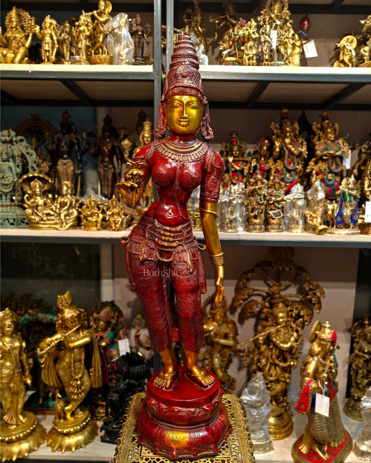 Pure Brass Handcrafted Standing Large Goddess Parvati Statue | 45" Height - Budhshiv.com
