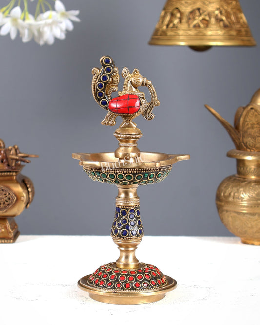 Pure Brass Handcrafted Superfine Peacock Samai Panchdeepam with Meenakari Stonework 8" - Budhshiv.com