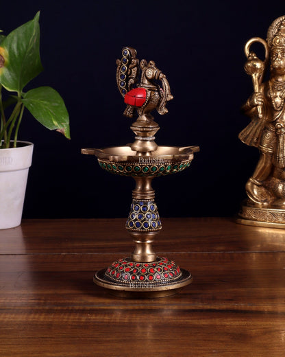 Pure Brass Handcrafted Superfine Peacock Samai Panchdeepam with Meenakari Stonework 8" - Budhshiv.com