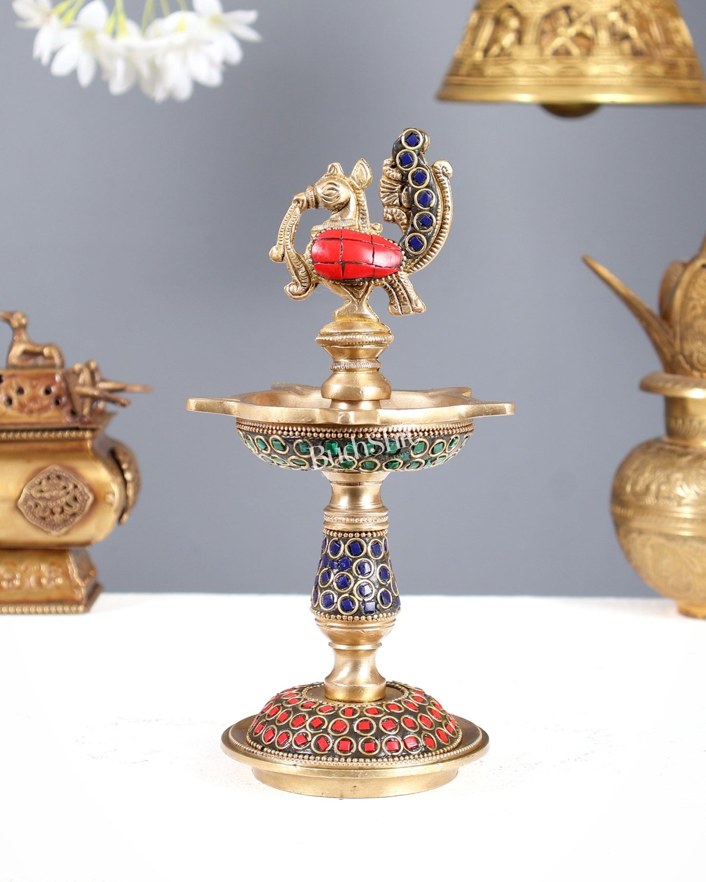 Pure Brass Handcrafted Superfine Peacock Samai Panchdeepam with Meenakari Stonework 8" - Budhshiv.com