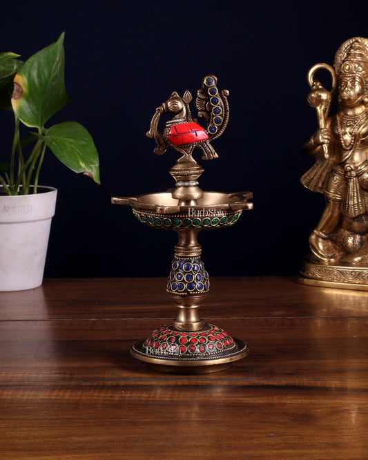 Pure Brass Handcrafted Superfine Peacock Samai Panchdeepam with Meenakari Stonework 8" - Budhshiv.com