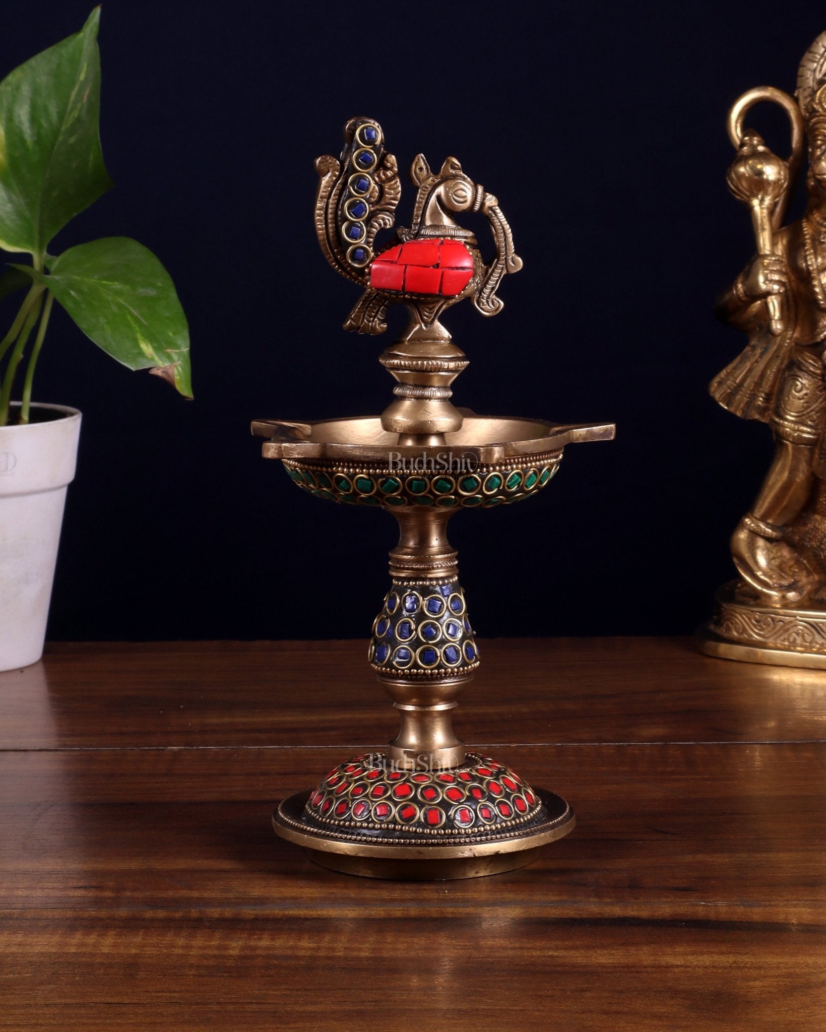 Pure Brass Handcrafted Superfine Peacock Samai Panchdeepam with Meenakari Stonework 8" - Budhshiv.com