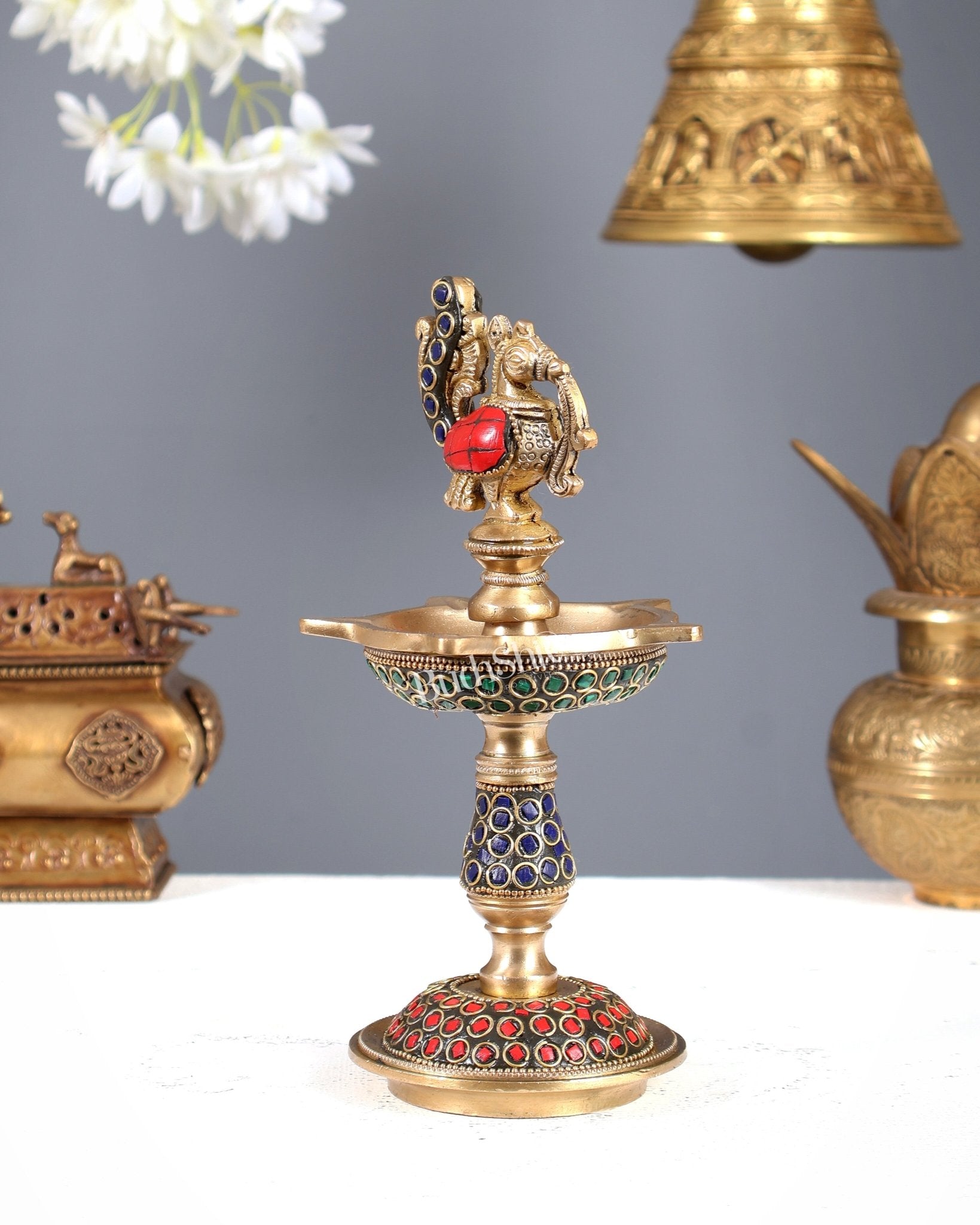 Pure Brass Handcrafted Superfine Peacock Samai Panchdeepam with Meenakari Stonework 8" - Budhshiv.com