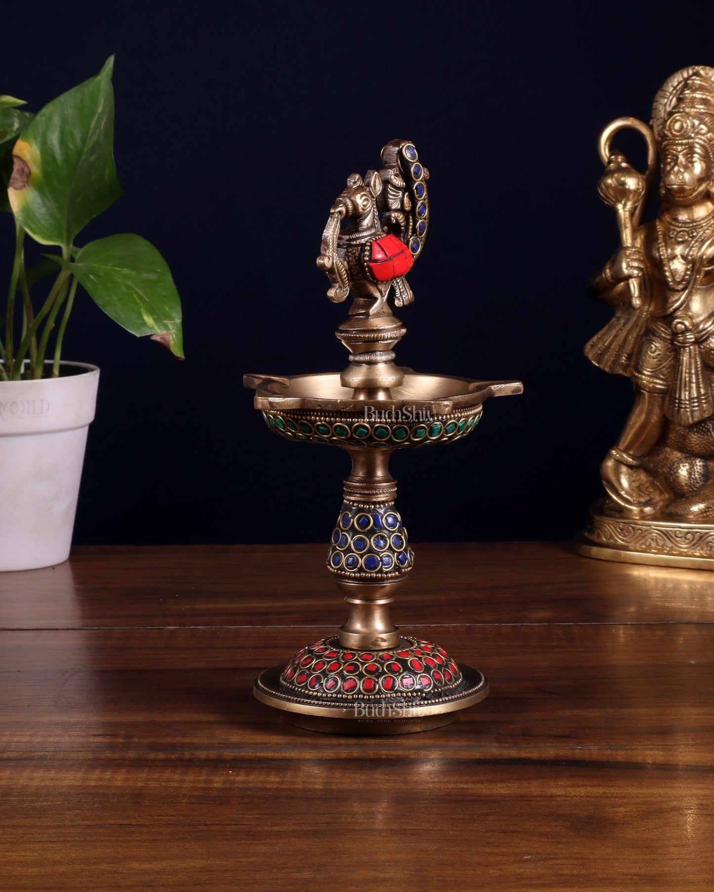 Pure Brass Handcrafted Superfine Peacock Samai Panchdeepam with Meenakari Stonework 8" - Budhshiv.com