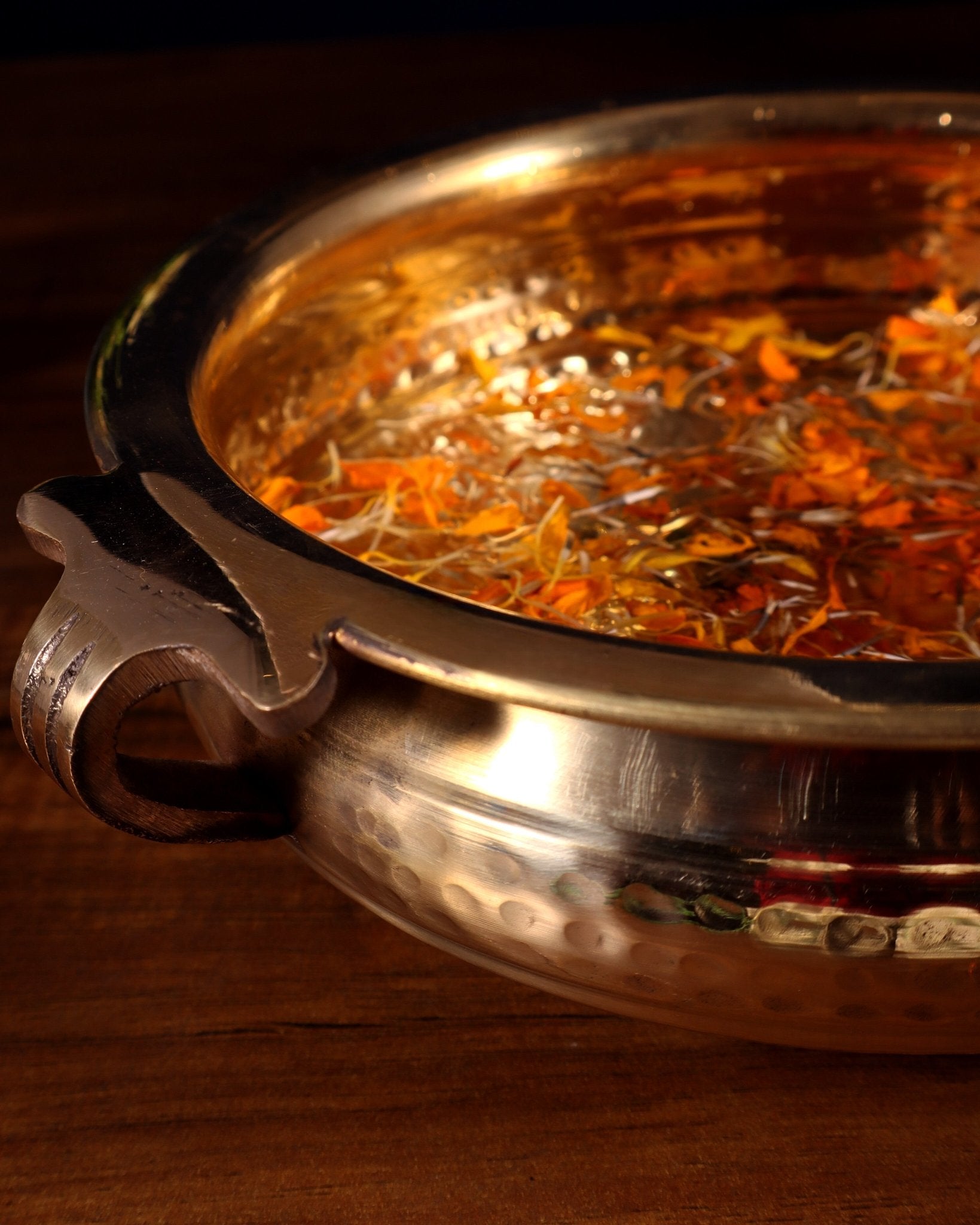 Pure brass handcrafted urli with hammered finish and side handles - Budhshiv.com