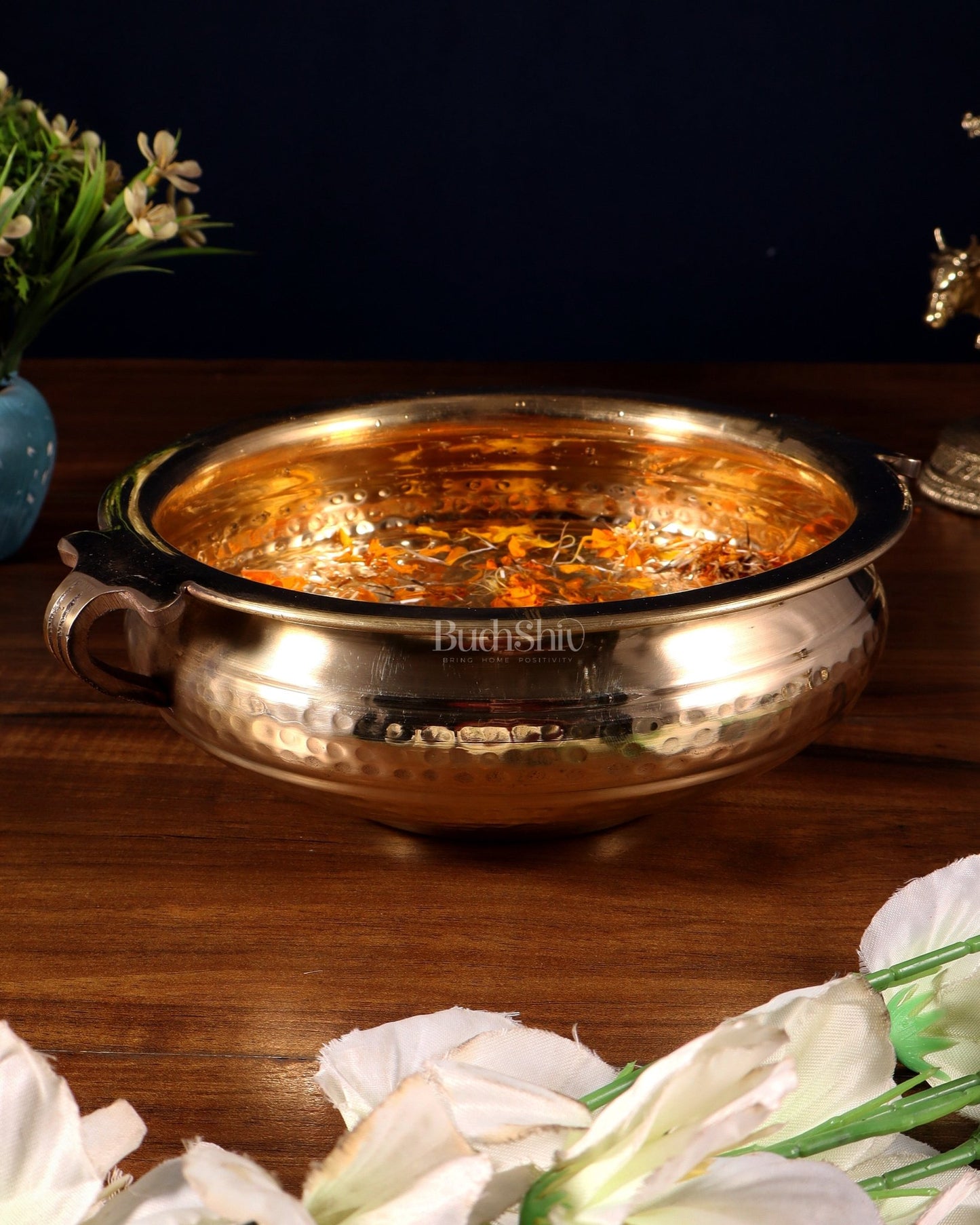 Pure brass handcrafted urli with hammered finish and side handles - Budhshiv.com