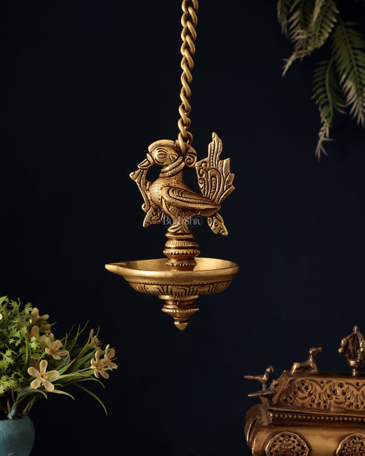 Pure Brass Hanging Annam Diya – Single Wick 18" - Budhshiv.com