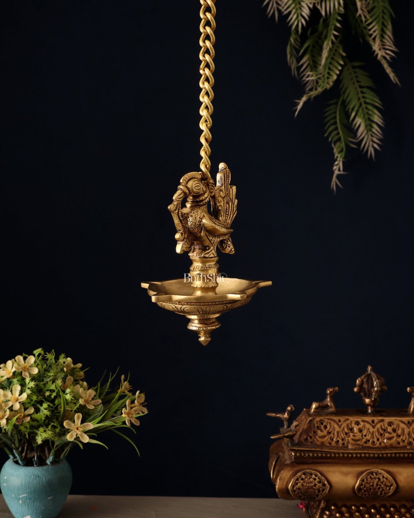 Pure Brass Hanging Annam Lamp with 5 Wicks - Budhshiv.com