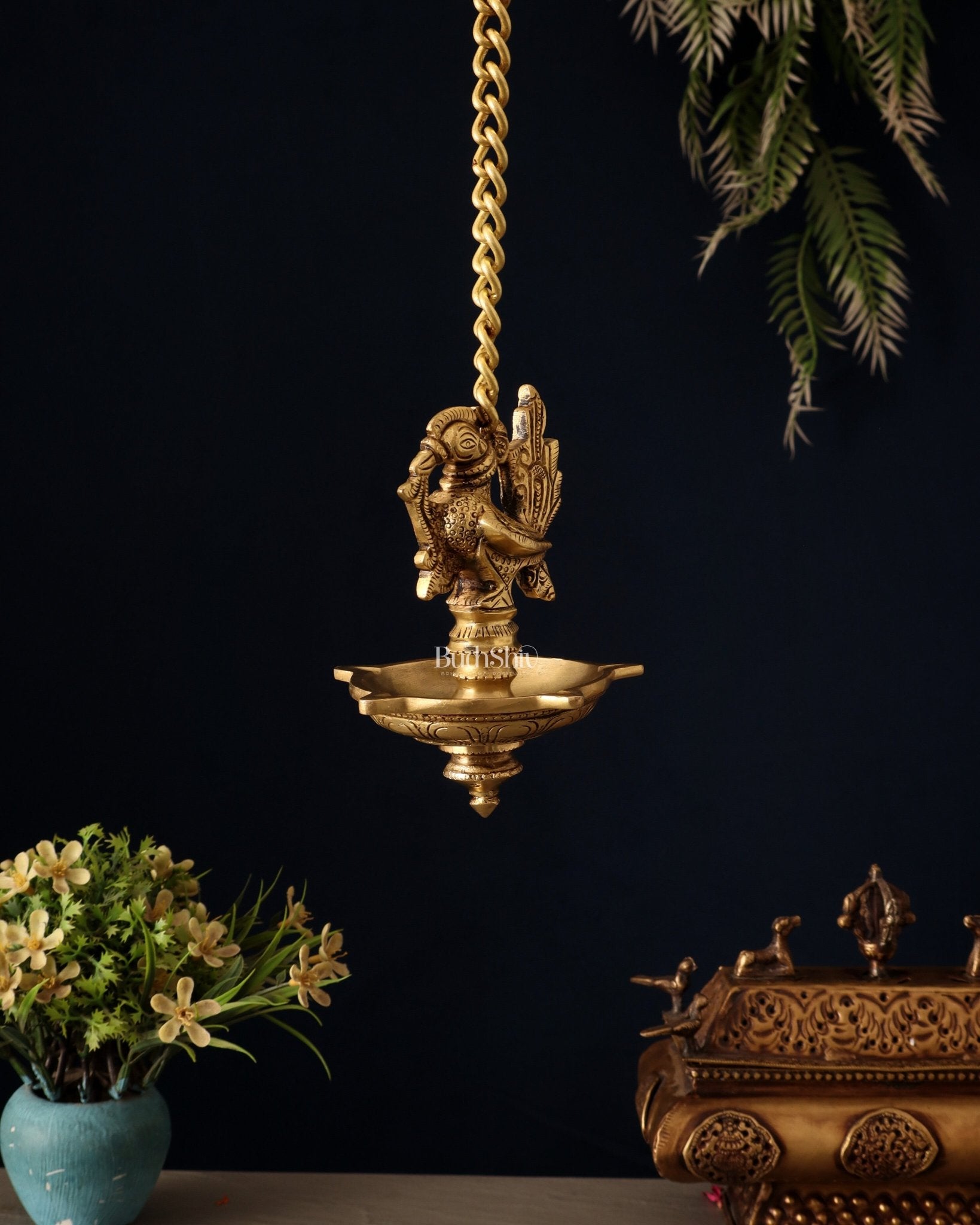 Pure Brass Hanging Annam Lamp with 5 Wicks - Budhshiv.com