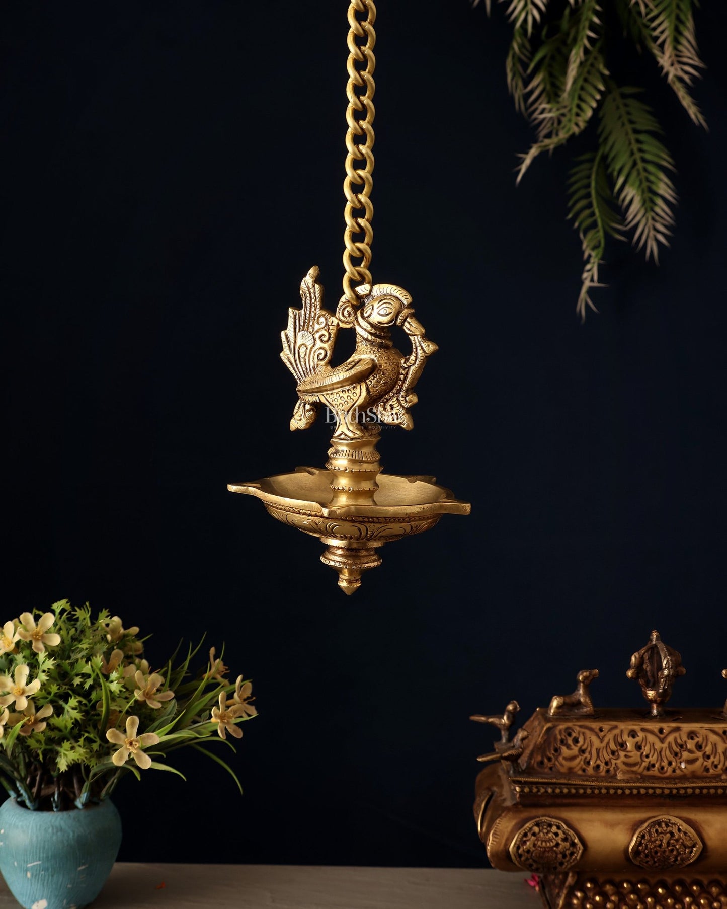 Pure Brass Hanging Annam Lamp with 5 Wicks - Budhshiv.com