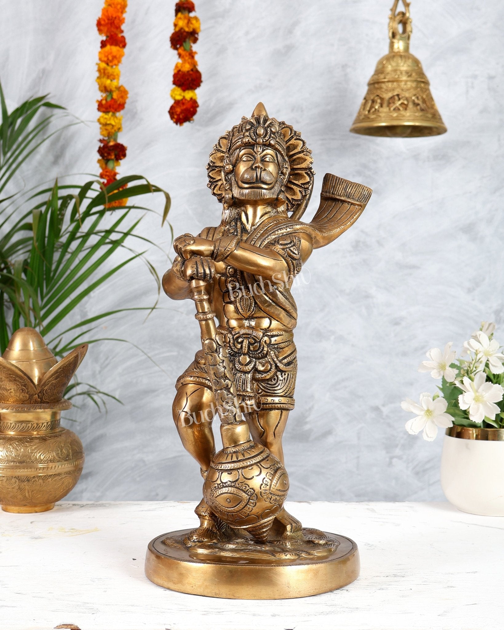 Pure Brass Hanuman Bahubali Standing Large Statue 14" - Budhshiv.com