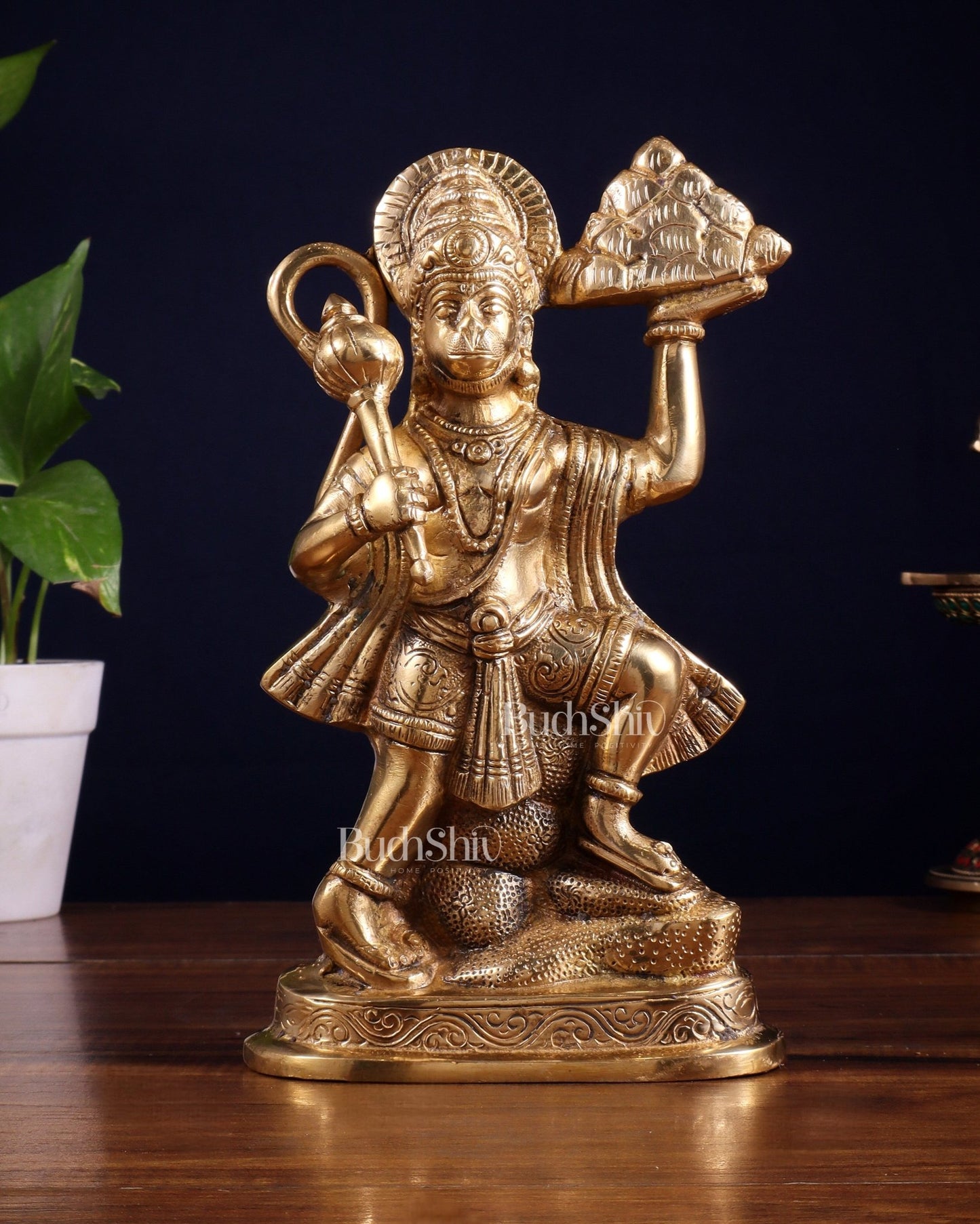 Pure Brass Hanuman Carrying Sanjeevani Mountain idol | 9 Inch Height - Budhshiv.com
