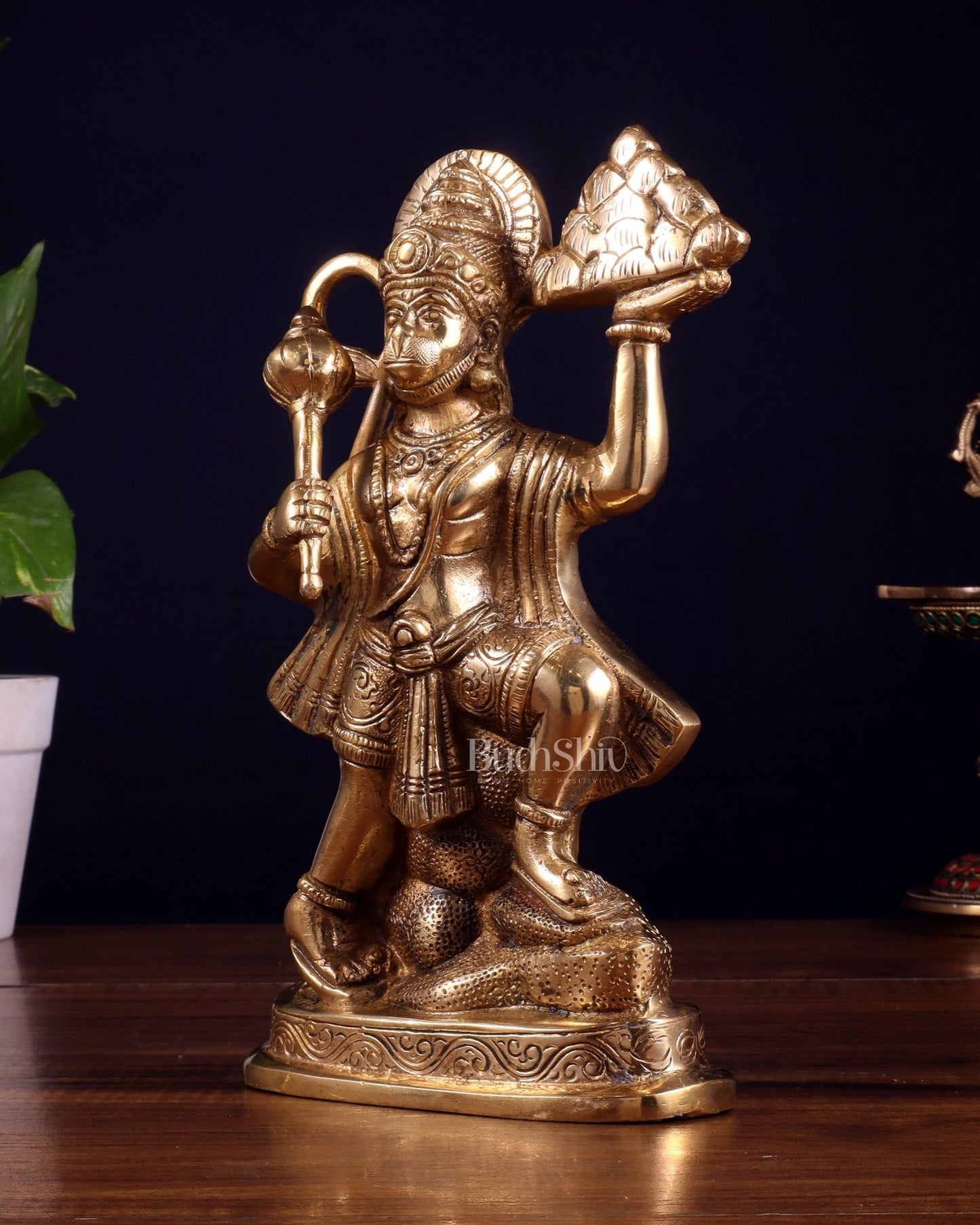 Pure Brass Hanuman Carrying Sanjeevani Mountain idol | 9 Inch Height - Budhshiv.com