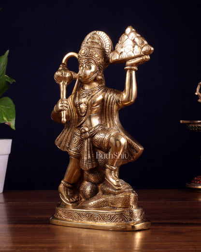 Pure Brass Hanuman Carrying Sanjeevani Mountain idol | 9 Inch Height - Budhshiv.com