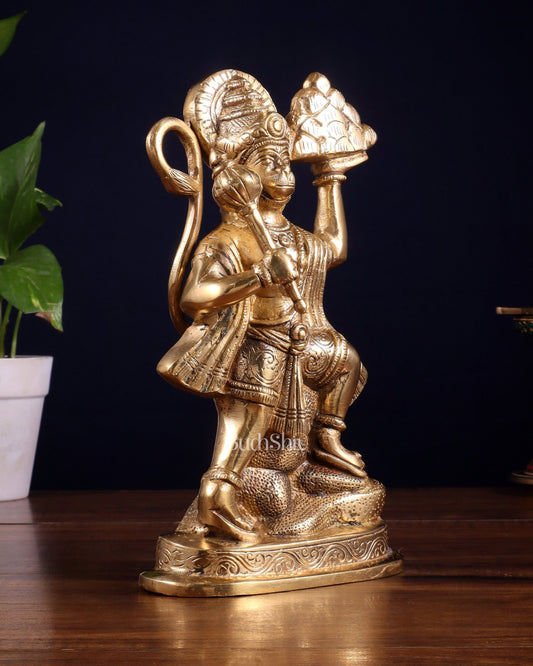 Pure Brass Hanuman Carrying Sanjeevani Mountain idol | 9 Inch Height - Budhshiv.com