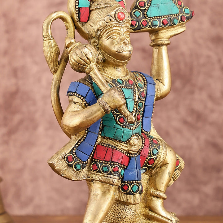 Pure Brass Hanuman Carrying Sanjeevani Mountain with Stonework | 9 Inch Height - Budhshiv.com