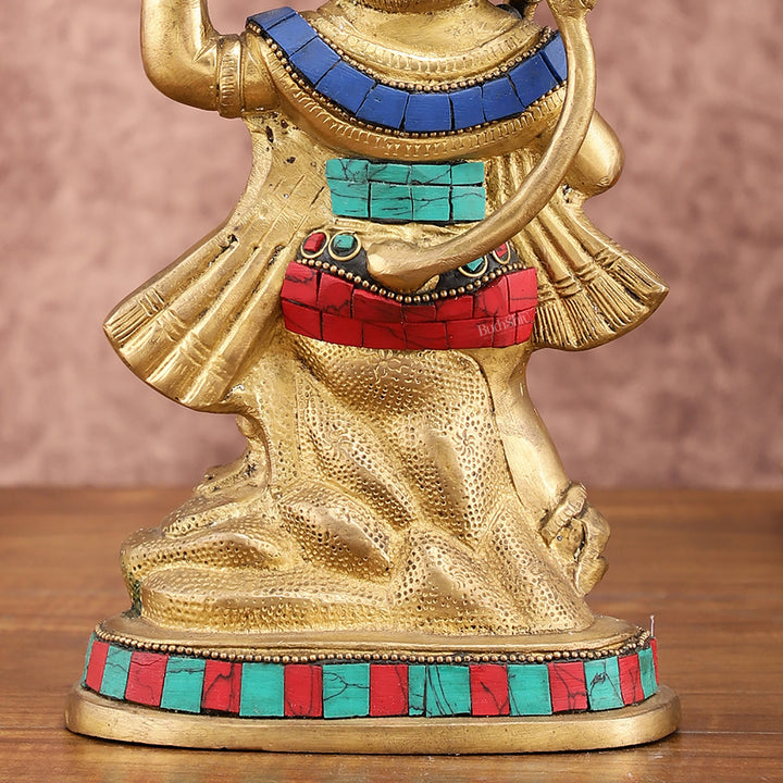 Pure Brass Hanuman Carrying Sanjeevani Mountain with Stonework | 9 Inch Height - Budhshiv.com