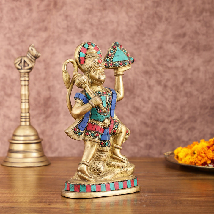 Pure Brass Hanuman Carrying Sanjeevani Mountain with Stonework | 9 Inch Height - Budhshiv.com