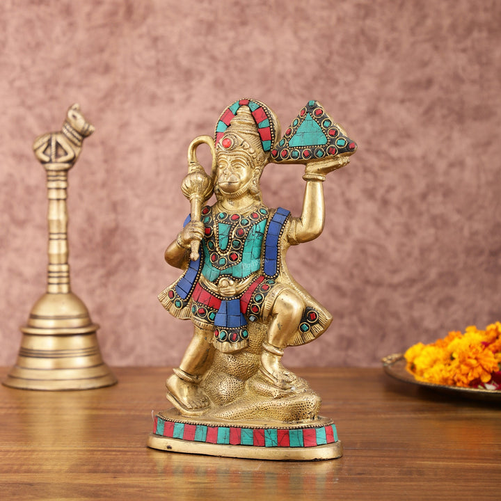 Pure Brass Hanuman Carrying Sanjeevani Mountain with Stonework | 9 Inch Height - Budhshiv.com