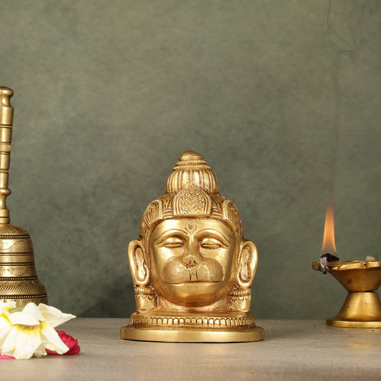 Pure Brass Hanuman Face Idol Table Accent 5.5 " - Budhshiv.com