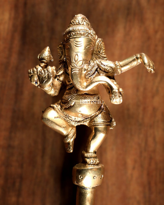 Pure Brass Hawan Spoon Dancing Ganesha Design | Ritual Puja Ladle | 10 Inch - Budhshiv.com