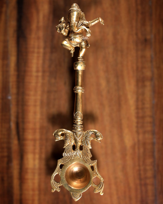 Pure Brass Hawan Spoon Dancing Ganesha Design | Ritual Puja Ladle | 10 Inch - Budhshiv.com