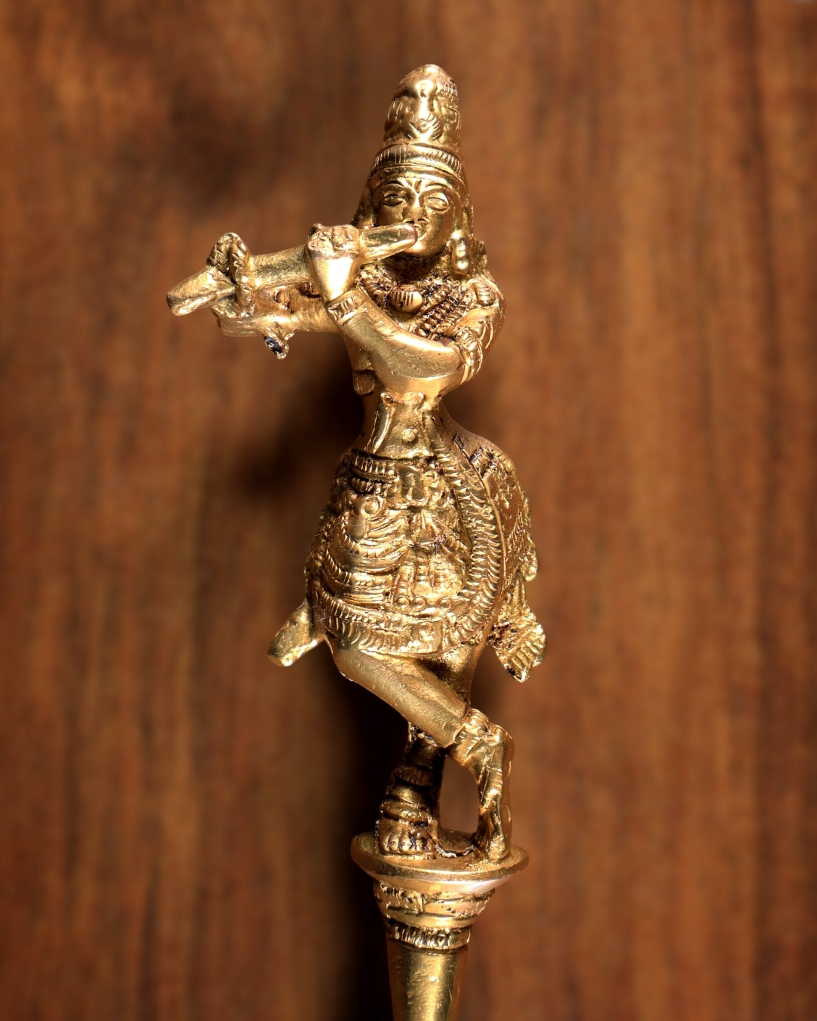 Pure Brass Hawan Spoon Krishna Design | Ritual Puja Accessory | 10.6 Inch - Budhshiv.com