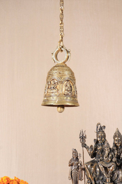 Pure Brass Hindu Gods Engraved Hanging Temple with Strong Chain 36" - Budhshiv.com