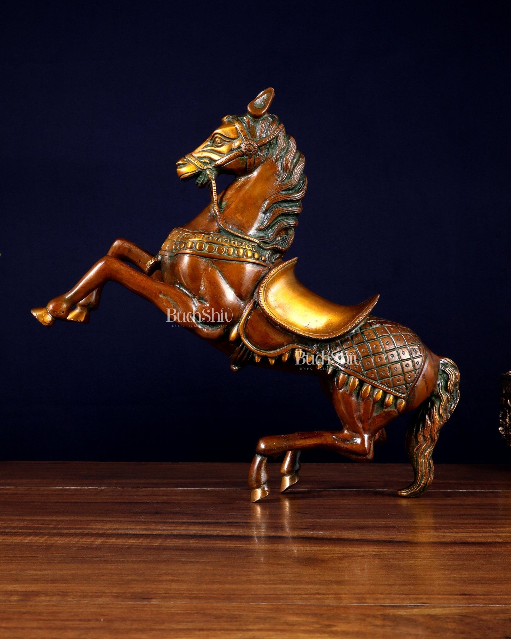 Pure Brass Horse with Raised Legs – Vintage Tone 11.5 inch - Budhshiv.com