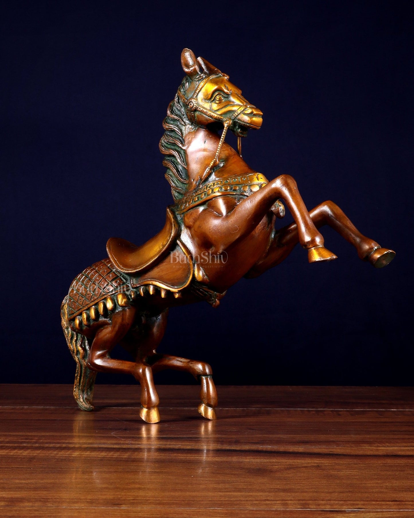 Pure Brass Horse with Raised Legs – Vintage Tone 11.5 inch - Budhshiv.com