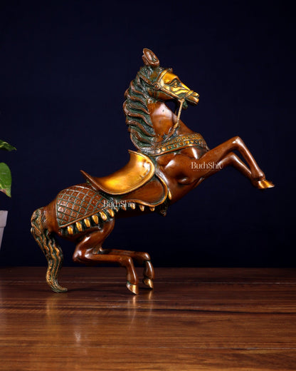 Pure Brass Horse with Raised Legs – Vintage Tone 11.5 inch - Budhshiv.com
