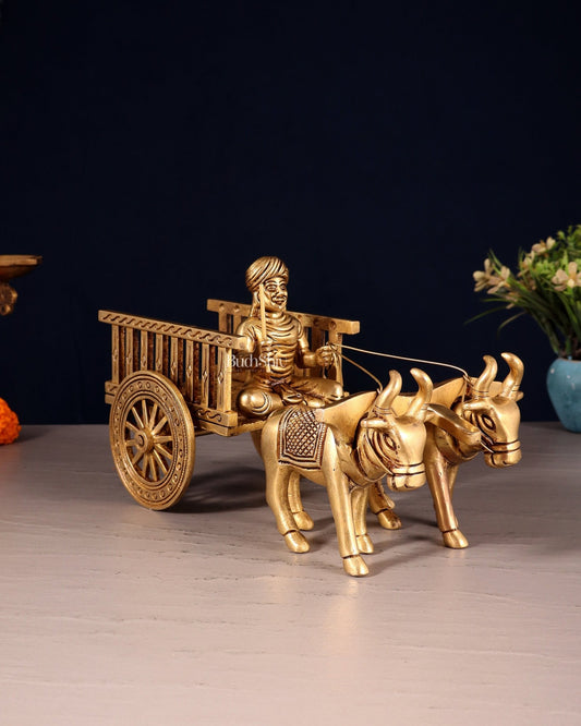 Pure Brass Indian Villager Bullock Cart – Traditional Showpiece & Gift 11" wide. - Budhshiv.com