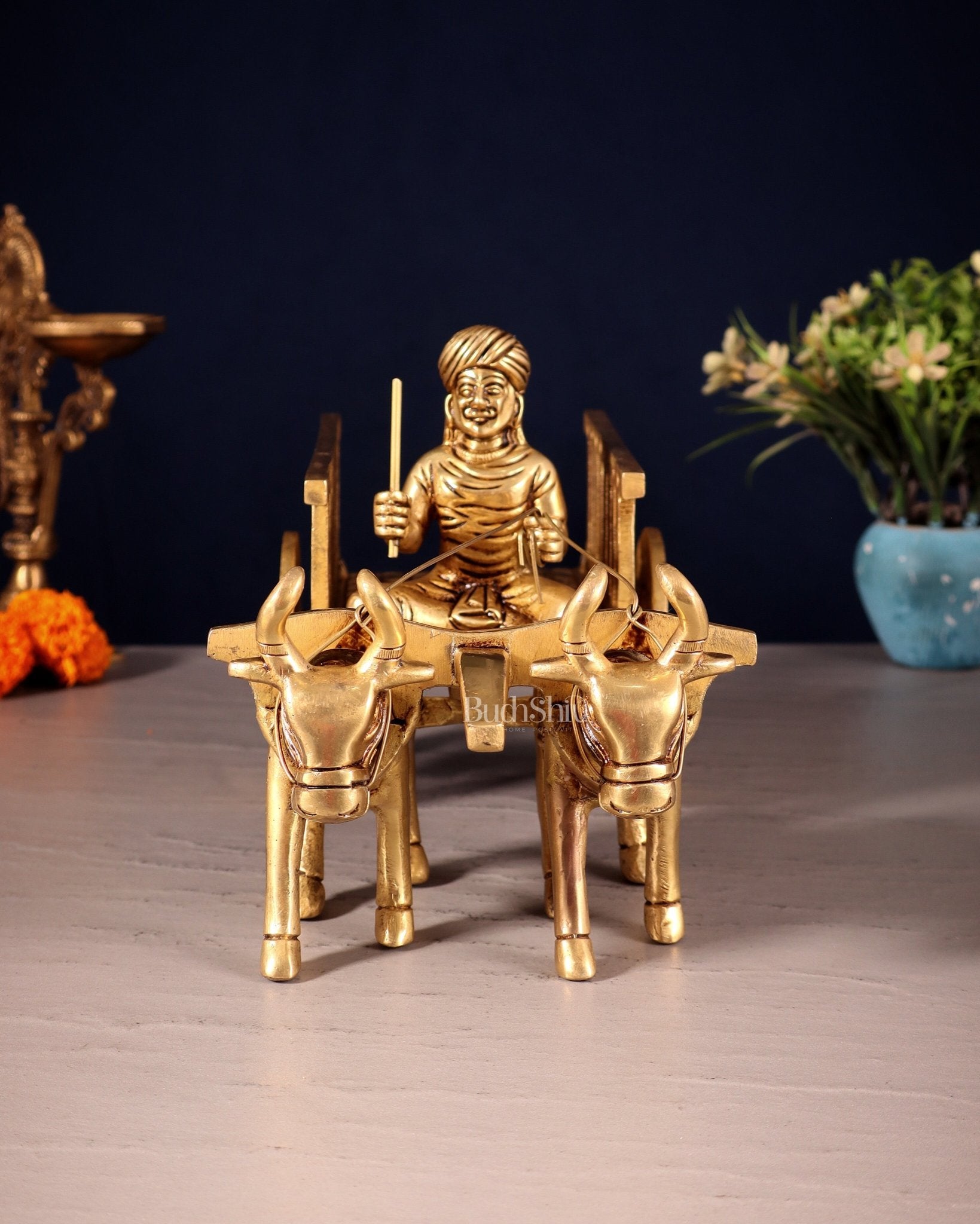 Pure Brass Indian Villager Bullock Cart – Traditional Showpiece & Gift 11" wide. - Budhshiv.com