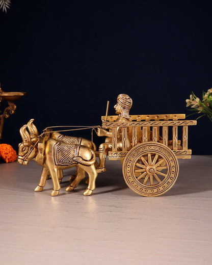 Pure Brass Indian Villager Bullock Cart – Traditional Showpiece & Gift 11" wide. - Budhshiv.com