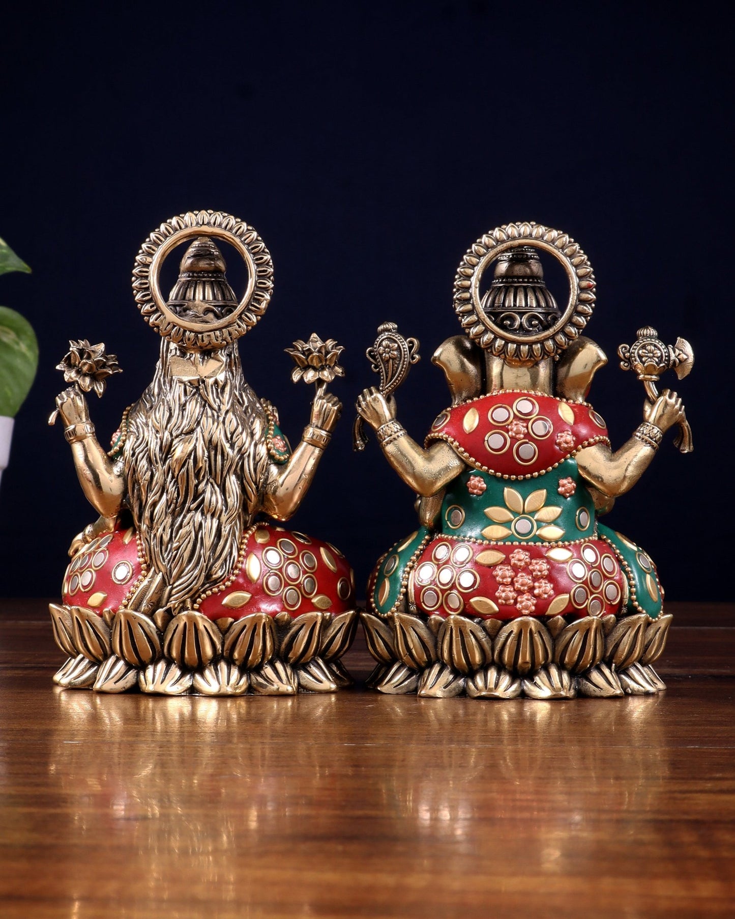 Pure Brass Intricate Ganesha Lakshmi Idols - meenakari Stonework - 5 inch - Budhshiv.com