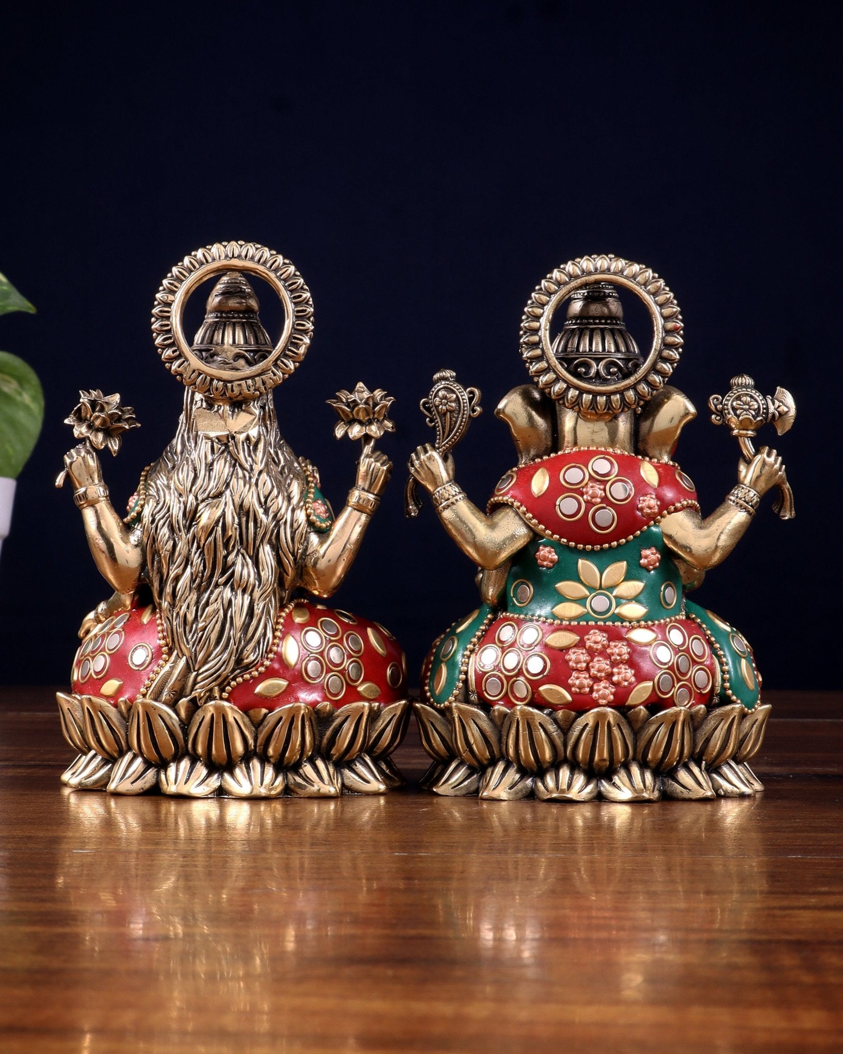 Pure Brass Intricate Ganesha Lakshmi Idols - meenakari Stonework - 5 inch - Budhshiv.com