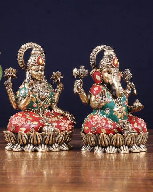 Pure Brass Intricate Ganesha Lakshmi Idols - meenakari Stonework - 5 inch - Budhshiv.com