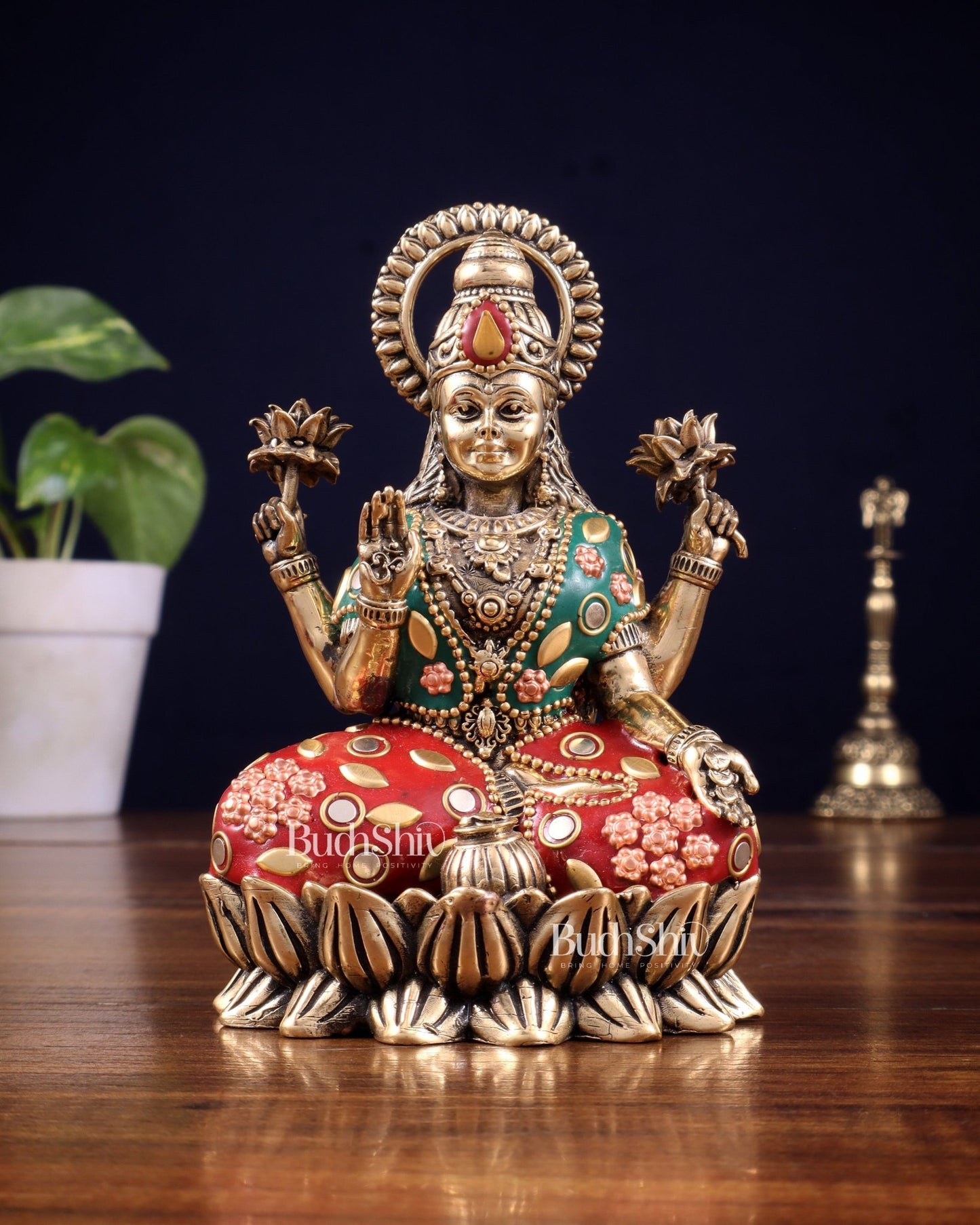 Pure Brass Intricate Ganesha Lakshmi Idols - meenakari Stonework - 5 inch - Budhshiv.com