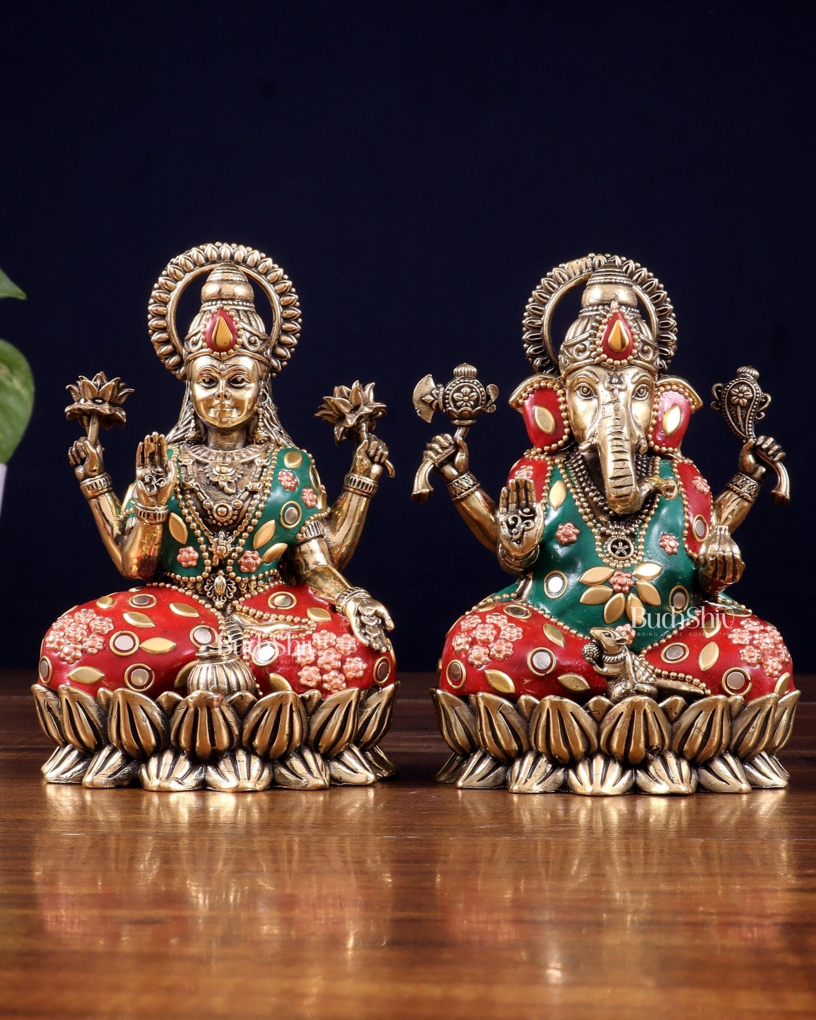 Pure Brass Intricate Ganesha Lakshmi Idols - meenakari Stonework - 5 inch - Budhshiv.com