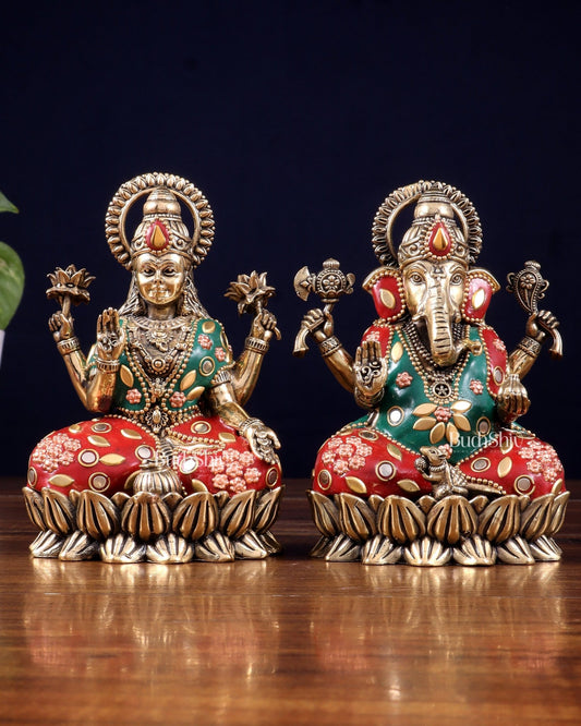 Pure Brass Intricate Ganesha Lakshmi Idols - meenakari Stonework - 5 inch - Budhshiv.com