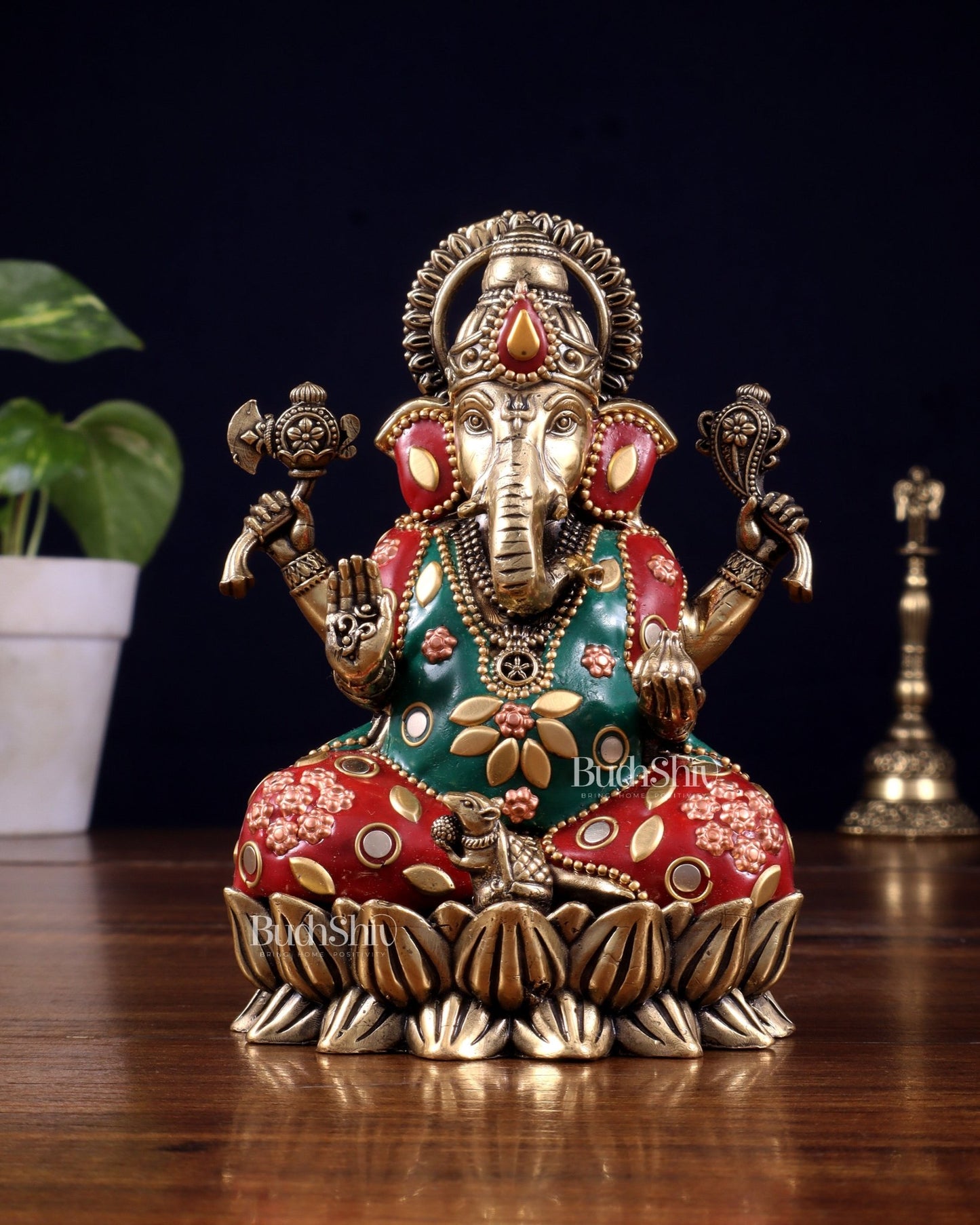 Pure Brass Intricate Ganesha Lakshmi Idols - meenakari Stonework - 5 inch - Budhshiv.com