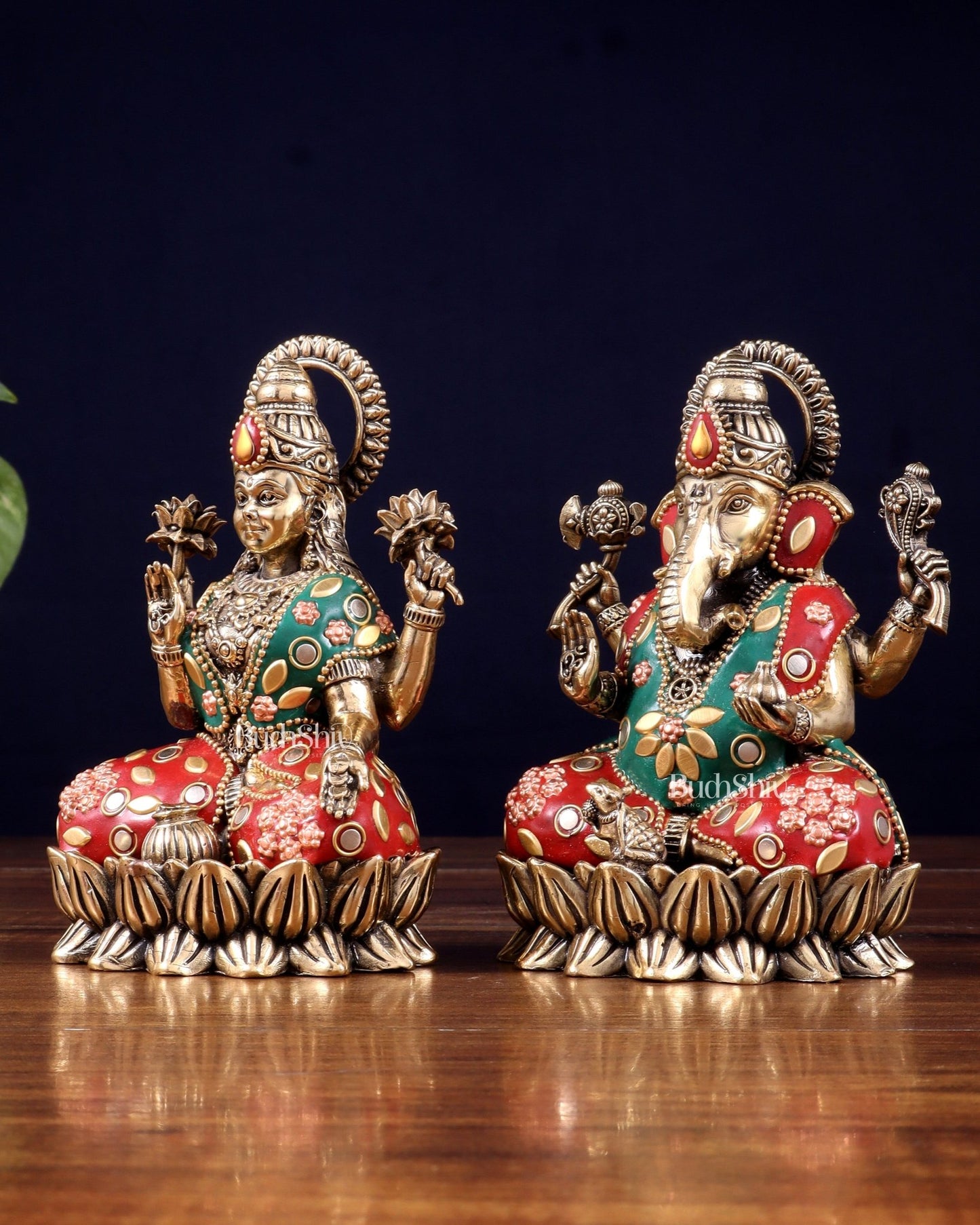 Pure Brass Intricate Ganesha Lakshmi Idols - meenakari Stonework - 5 inch - Budhshiv.com