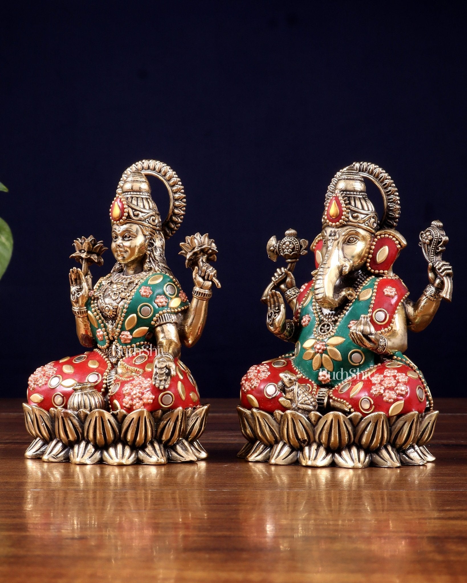 Pure Brass Intricate Ganesha Lakshmi Idols - meenakari Stonework - 5 inch - Budhshiv.com