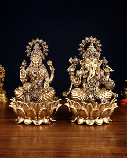Pure Brass Intricate Ganesha & Lakshmi on Lotus Statues – 12" - Budhshiv.com
