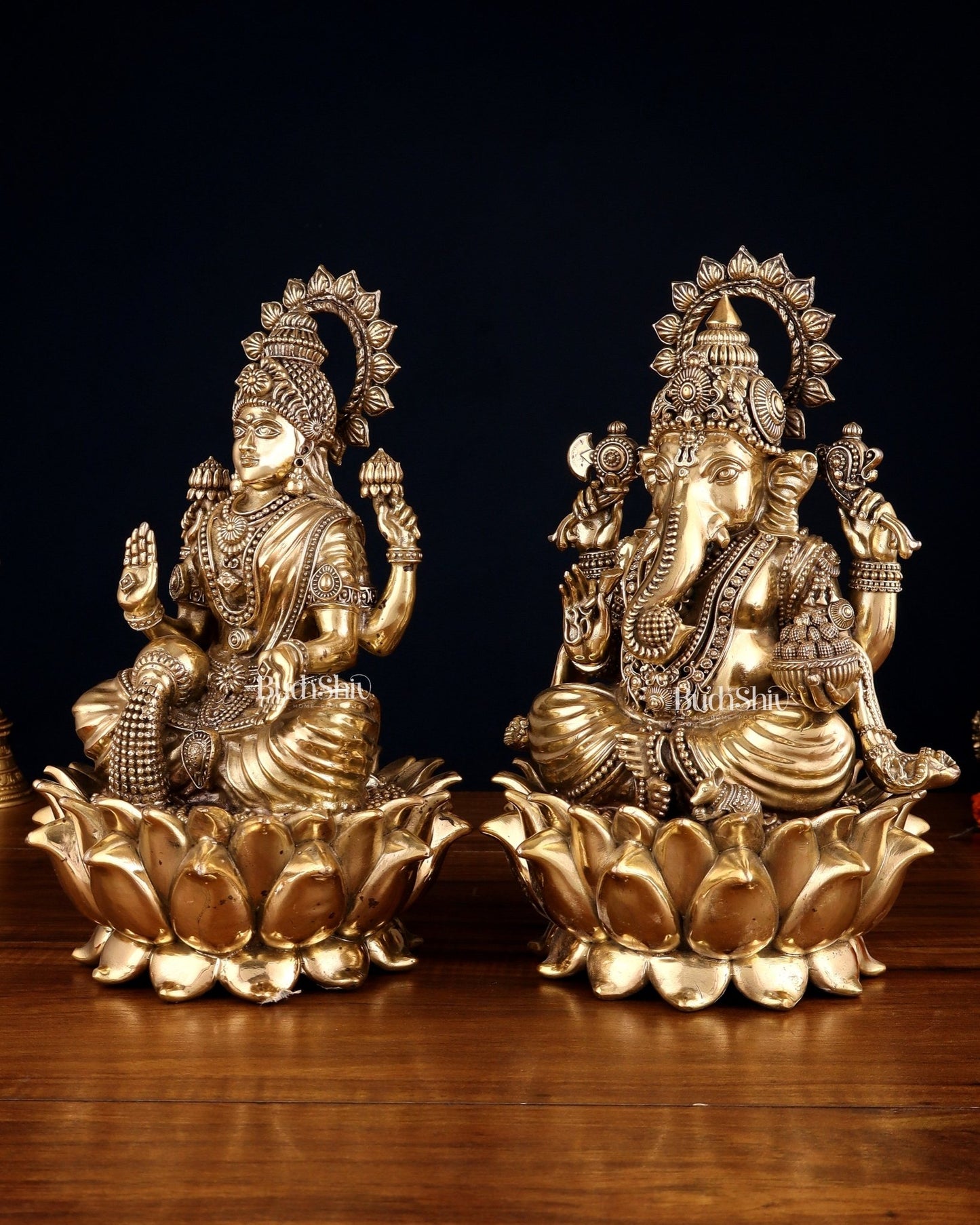 Pure Brass Intricate Ganesha & Lakshmi on Lotus Statues – 12" - Budhshiv.com