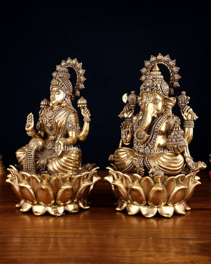 Pure Brass Intricate Ganesha & Lakshmi on Lotus Statues – 12" - Budhshiv.com